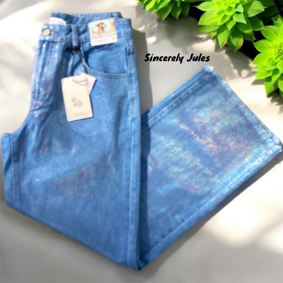 Sincerely Jules NWT Wide Leg Shimmer Sparkling Metallic  Blue Jeans Sm& Md - Picture 1 of 12